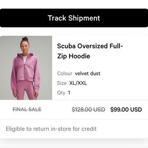 lululemon full zip scuba oversized hoodie size xl/xxl very gently used
